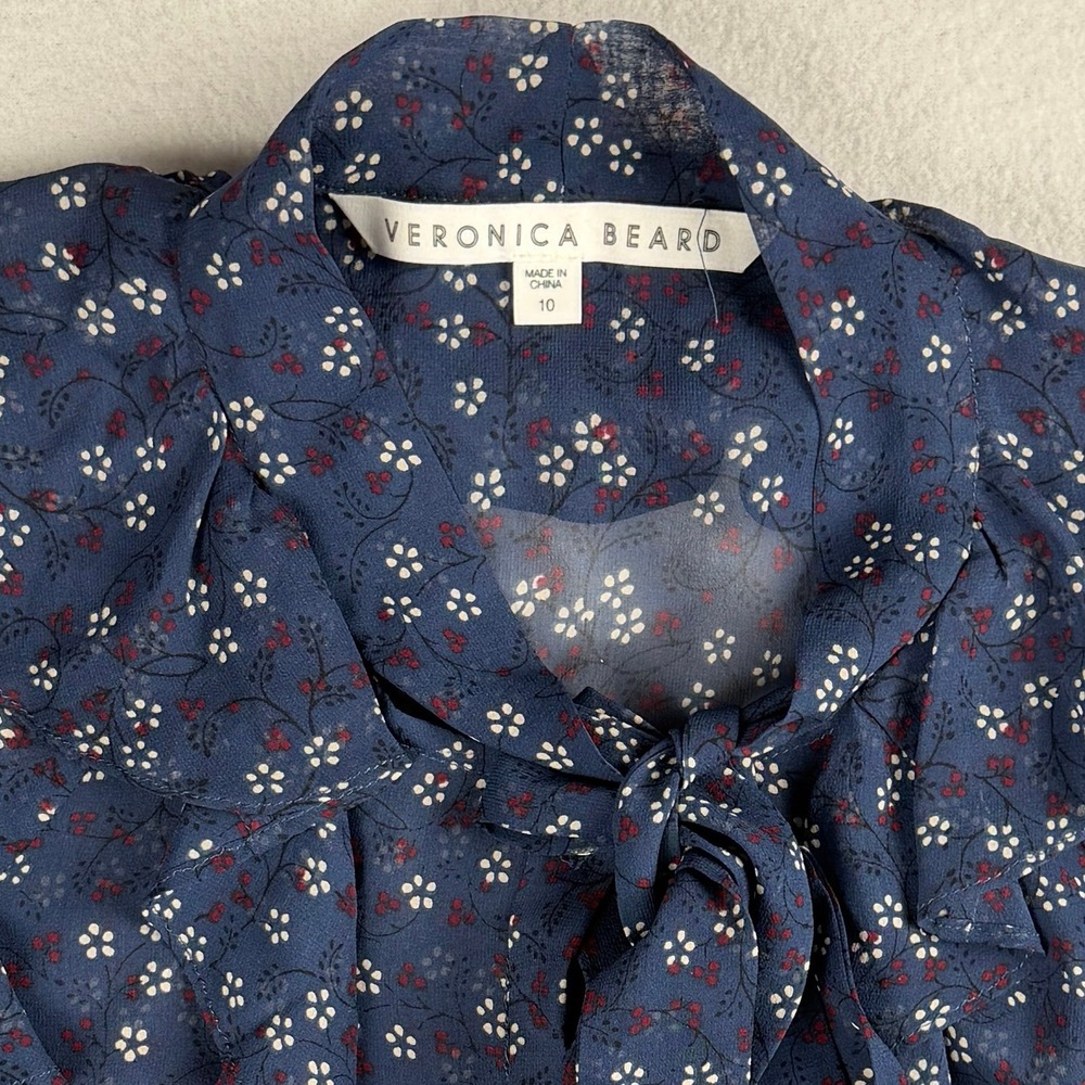 Veronica Beard Women's Finley Ruffled Tie Neck Floral Printed Blouse Navy Sz 10 - Picture 8 of 10